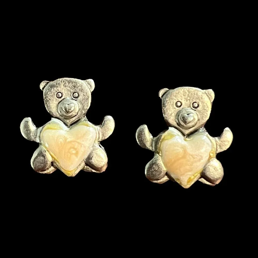 Bear Earrings Silver Tone Pink‎ Heart Tummy Pierced Vintage